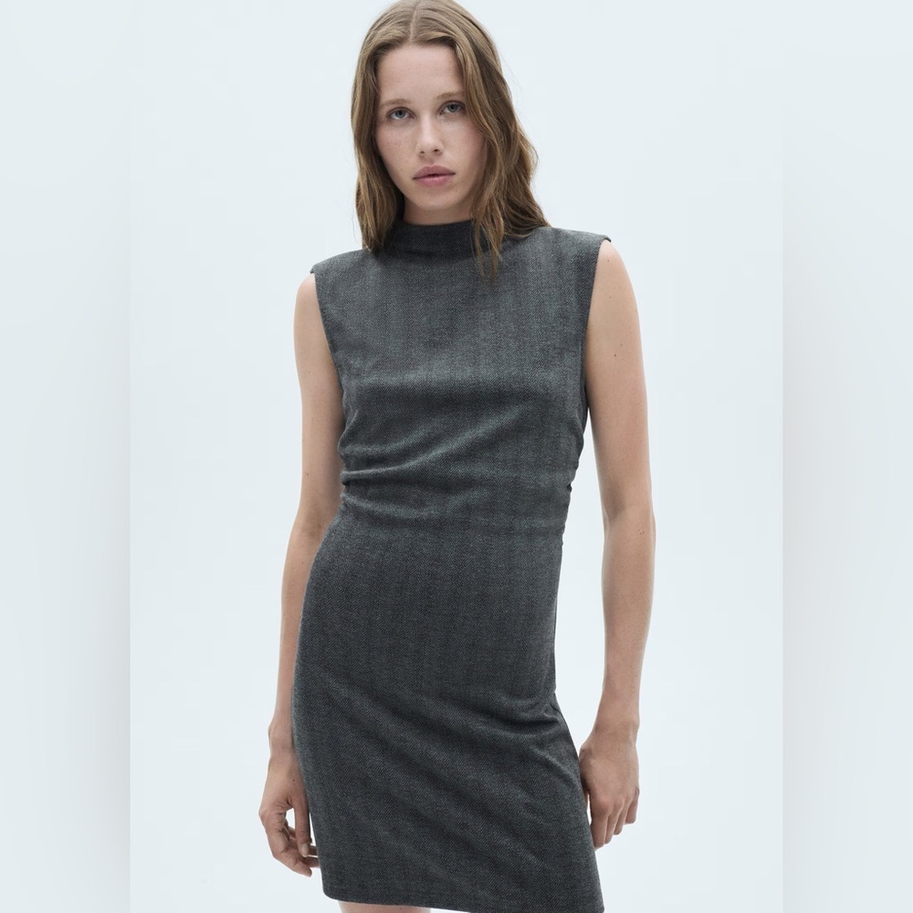 Mango grey herringbone pattern dress NWT